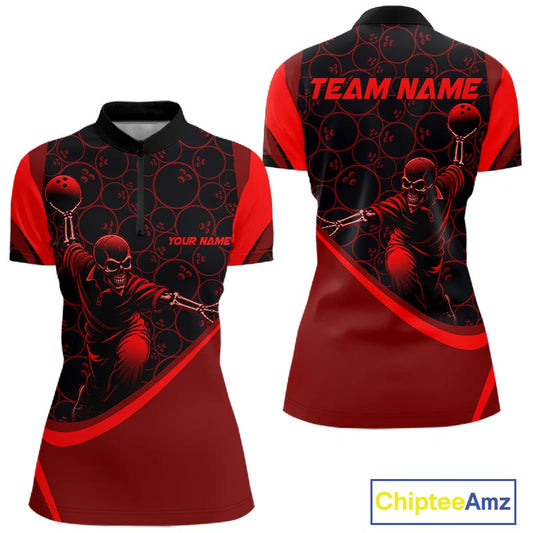 Black & Red Skull Bowling Shirt for Women Custom Bowling Team Jersey Polo & Quarter-Zip QZT1229
