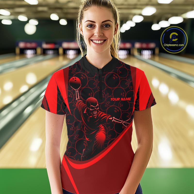 Black & Red Skull Bowling Shirt for Women Custom Bowling Team Jersey Polo & Quarter-Zip QZT1229