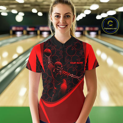 Black & Red Skull Bowling Shirt for Women Custom Bowling Team Jersey Polo & Quarter-Zip QZT1229
