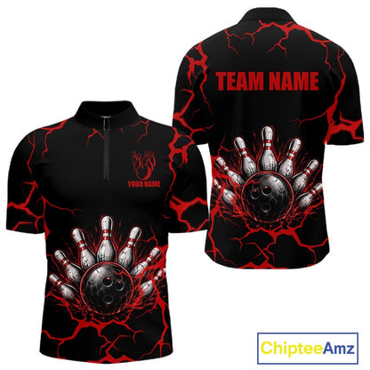 Custom Black & Red Thunder Bowling Shirt for Men Bowling Team Jersey Polo & Quarter-Zip QZT1230