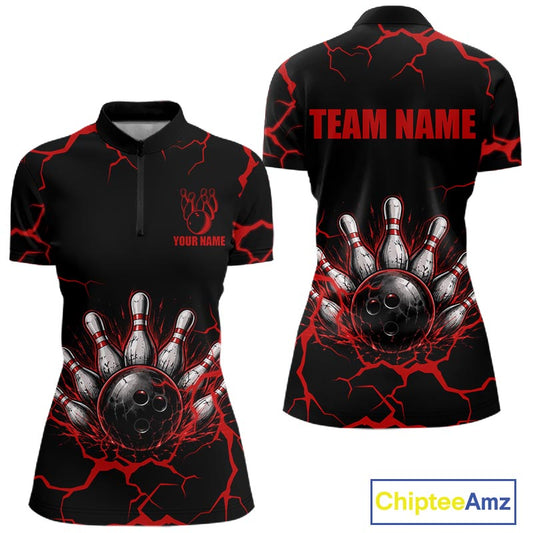 Custom Black & Red Thunder Bowling Shirt for Women Bowling Team Jersey Polo & Quarter-Zip QZT1230