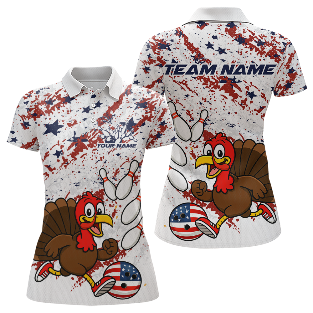 Polo shirt with cartoon turkeys and American flag design on a white background