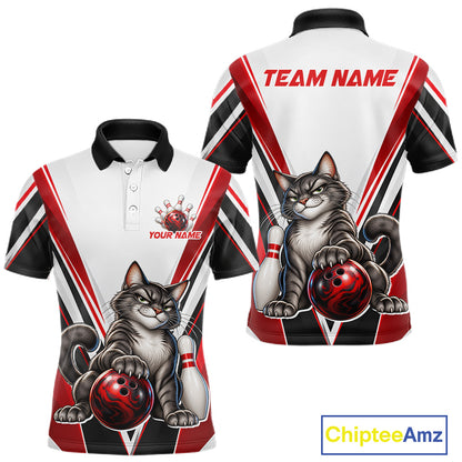 Custom Black Red White Bowling Shirt for Men Funny Cat Bowling Team Jersey Polo & 1/4-Zip QZT1369