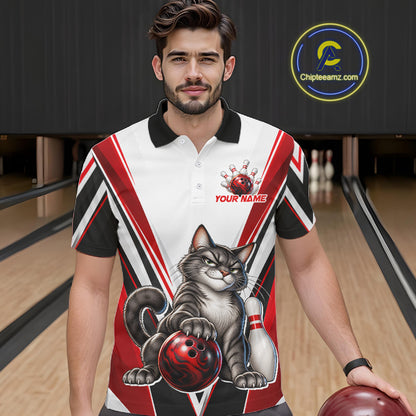 Custom Black Red White Bowling Shirt for Men Funny Cat Bowling Team Jersey Polo & 1/4-Zip QZT1369