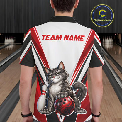 Custom Black Red White Bowling Shirt for Men Funny Cat Bowling Team Jersey Polo & 1/4-Zip QZT1369