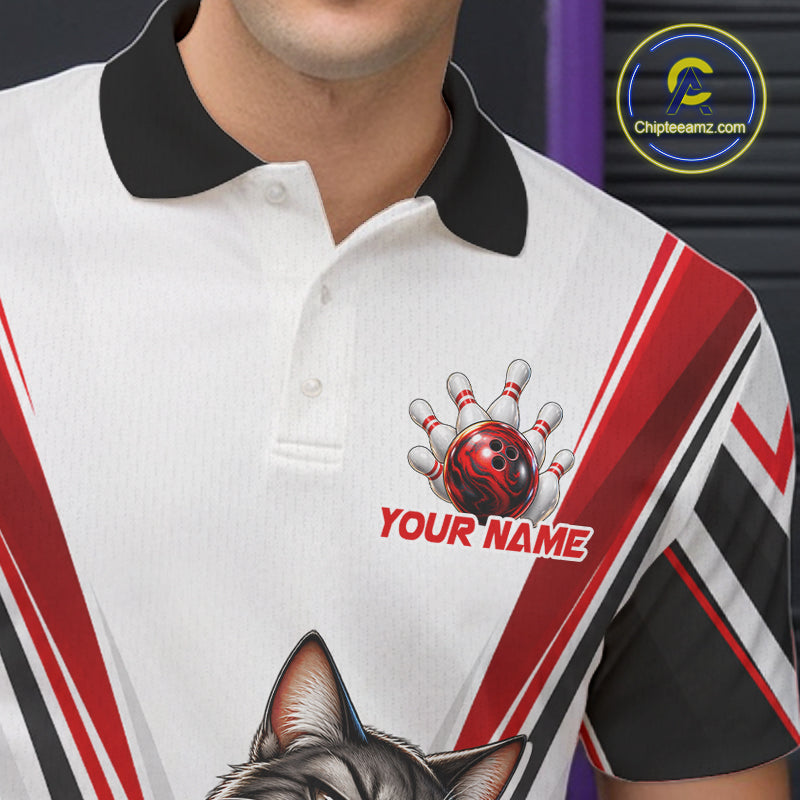 Custom Black Red White Bowling Shirt for Men Funny Cat Bowling Team Jersey Polo & 1/4-Zip QZT1369