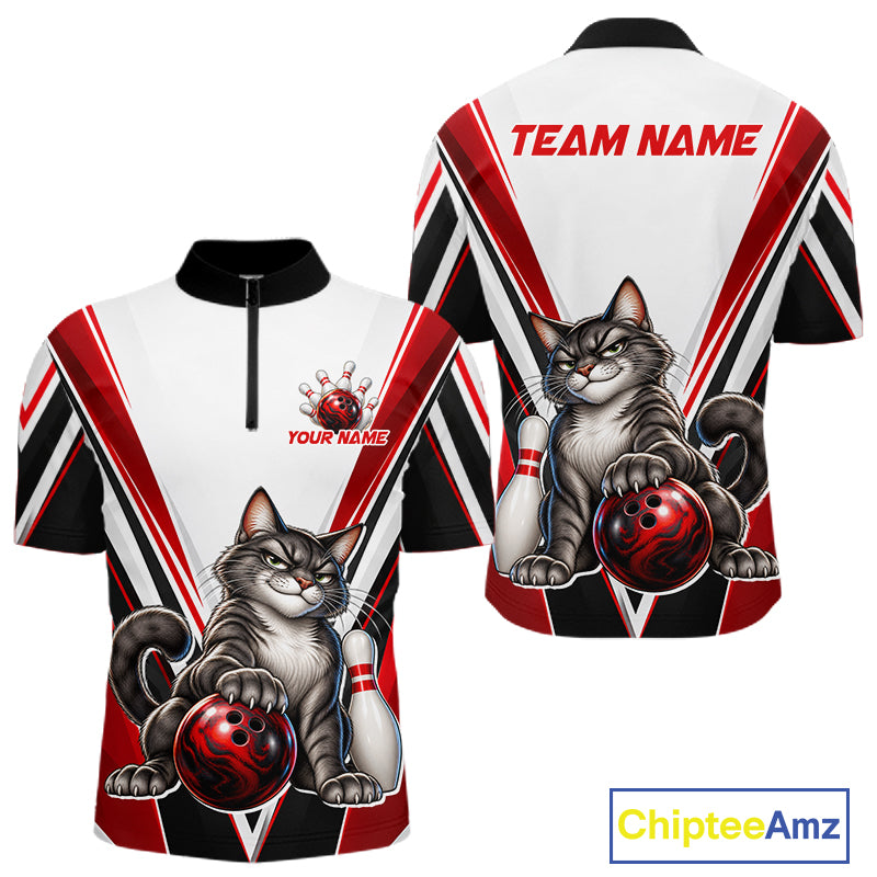 Custom Black Red White Bowling Shirt for Men Funny Cat Bowling Team Jersey Polo & 1/4-Zip QZT1369