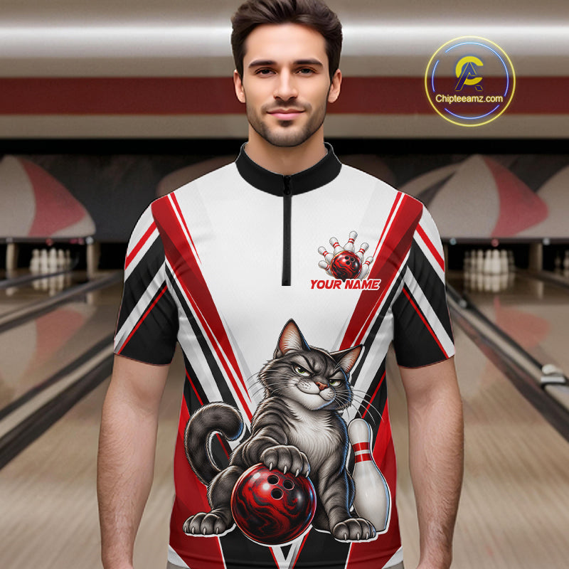 Custom Black Red White Bowling Shirt for Men Funny Cat Bowling Team Jersey Polo & 1/4-Zip QZT1369