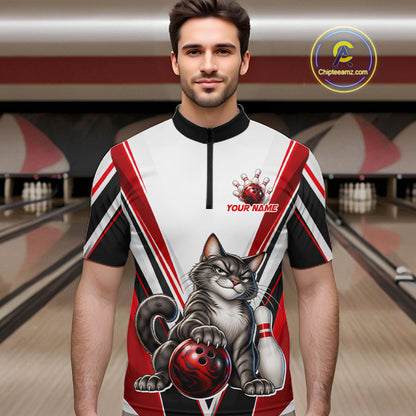 Custom Black Red White Bowling Shirt for Men Funny Cat Bowling Team Jersey Polo & 1/4-Zip QZT1369