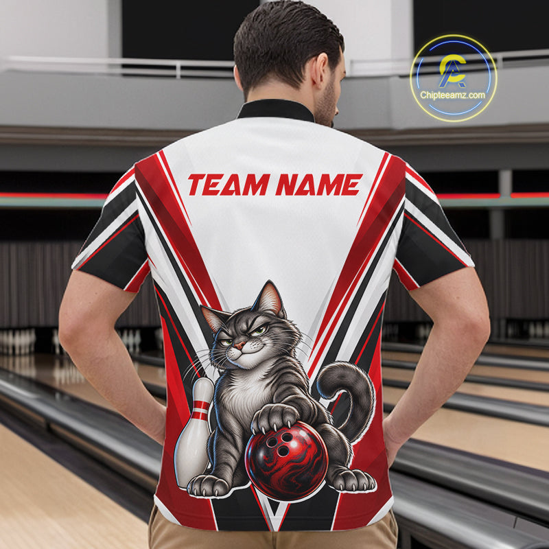 Custom Black Red White Bowling Shirt for Men Funny Cat Bowling Team Jersey Polo & 1/4-Zip QZT1369