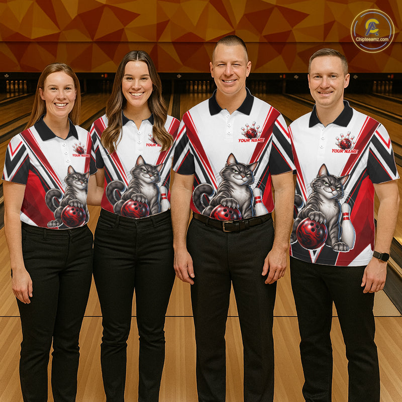 Custom Black Red White Bowling Shirt for Men Funny Cat Bowling Team Jersey Polo & 1/4-Zip QZT1369