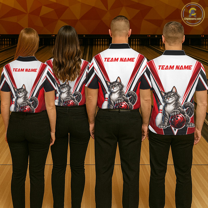 Custom Black Red White Bowling Shirt for Men Funny Cat Bowling Team Jersey Polo & 1/4-Zip QZT1369