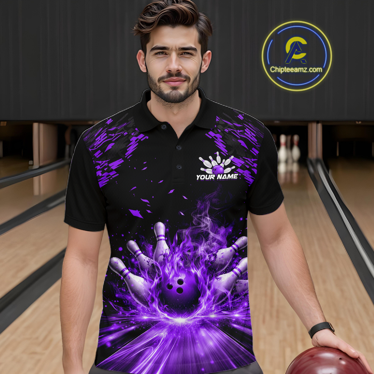 Custom Purple Flame Bowling Team Shirt for Men Polo & 1/4-Zip Bowling Jersey Bowling League Uniform QZT866