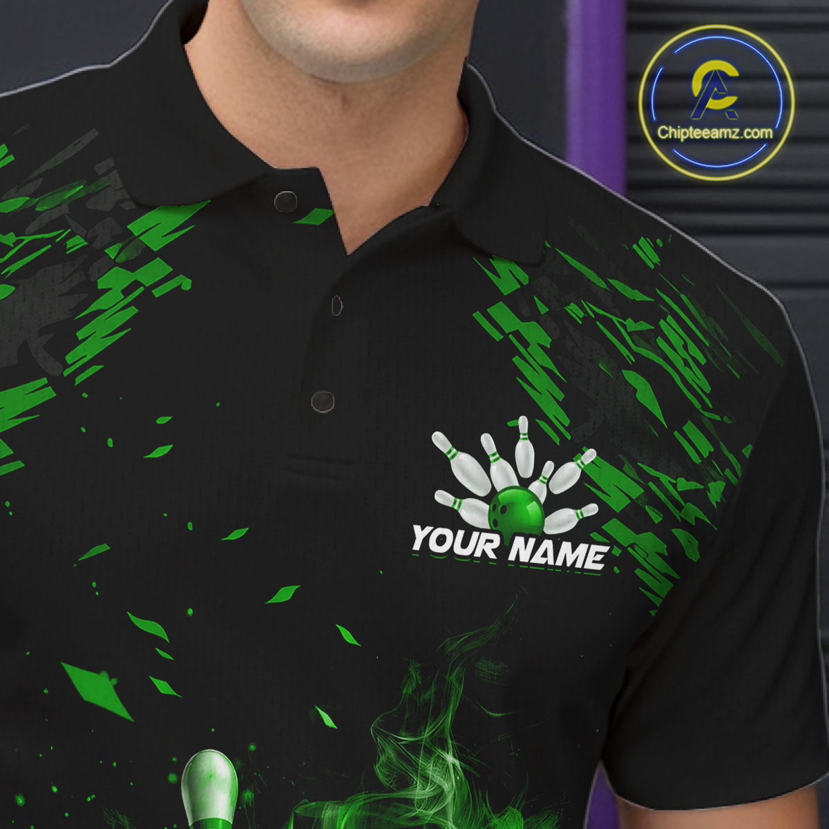Custom Green Flame Bowling Team Shirt for Men Polo & 1/4-Zip Bowling Jersey Bowling League Uniform QZT866