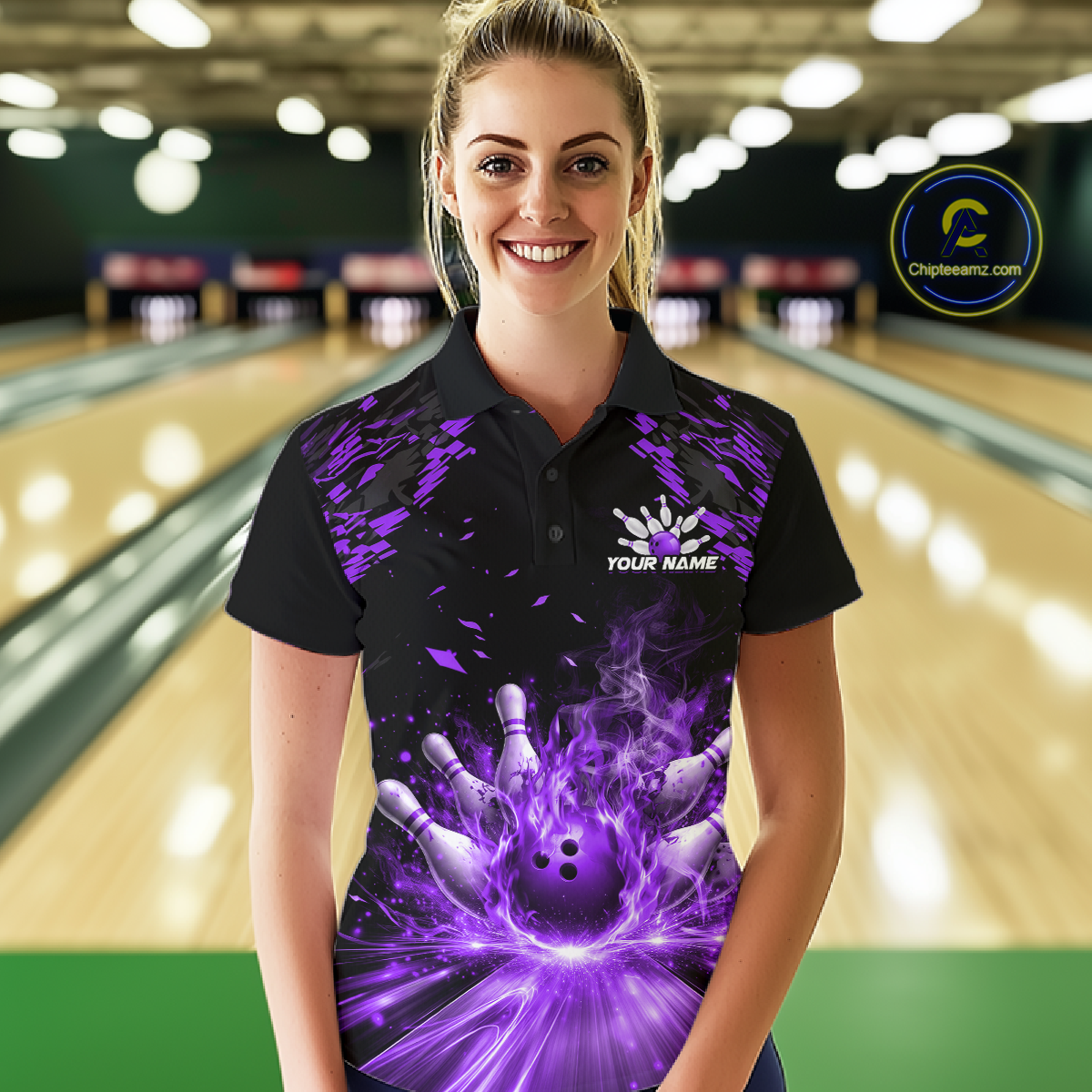 Custom Purple Flame Bowling Team Shirt for Men Polo & 1/4-Zip Bowling Jersey Bowling League Uniform QZT866