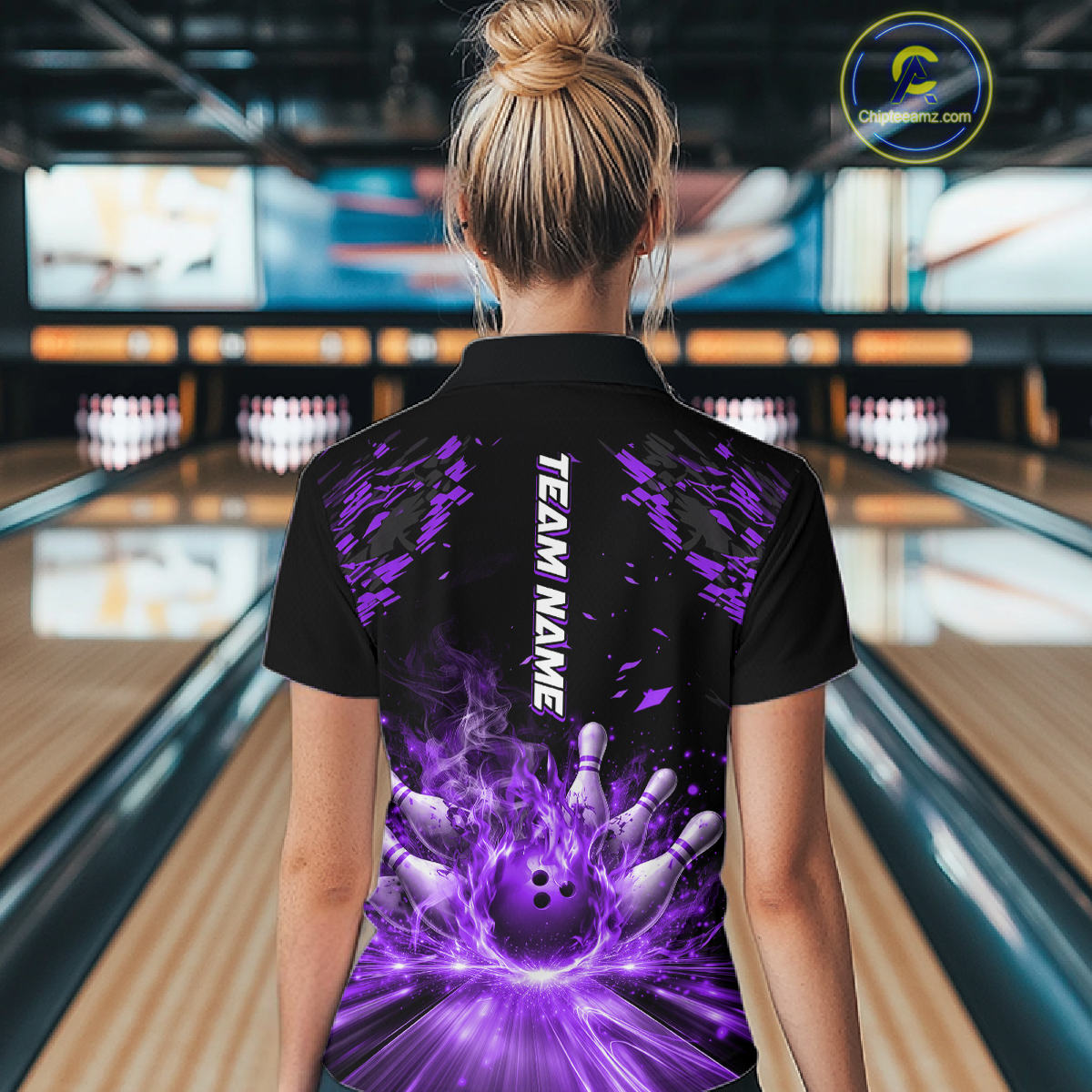 Custom Purple Flame Bowling Team Shirt for Men Polo & 1/4-Zip Bowling Jersey Bowling League Uniform QZT866