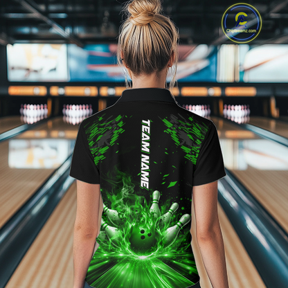 Custom Green Flame Bowling Team Shirt for Women Polo & 1/4-Zip Bowling Jersey Bowling League Uniform QZT866