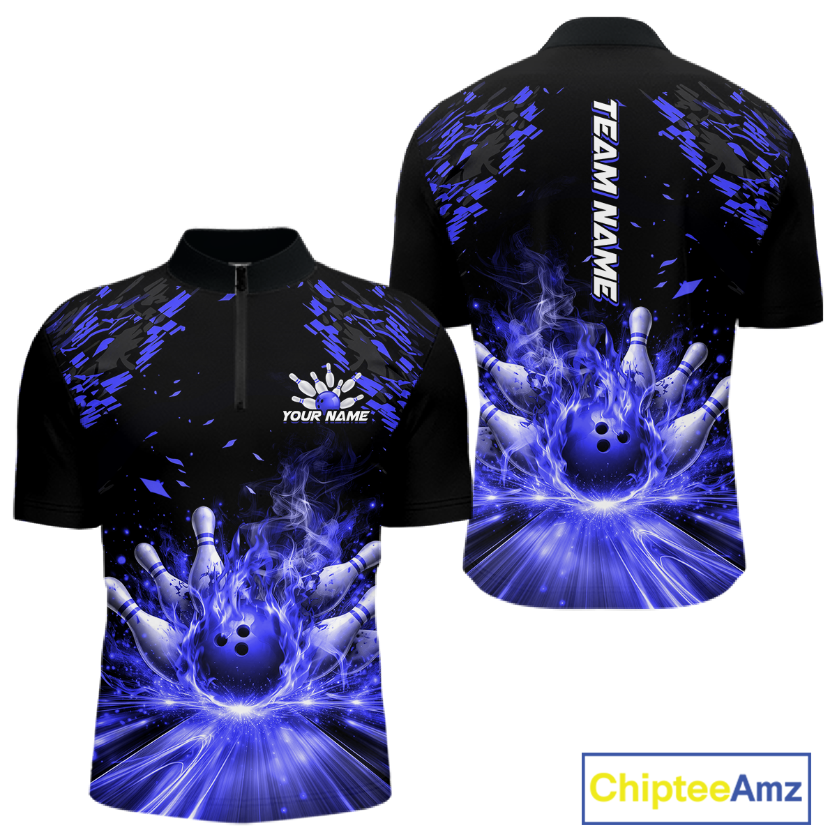 Custom Blue Flame Bowling Team Shirt for Men Polo & 1/4-Zip Bowling Jersey Bowling League Uniform QZT866