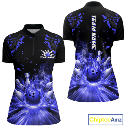 Custom Blue Flame Bowling Team Shirt for Women Polo & 1/4-Zip Bowling Jersey Bowling League Uniform QZT866