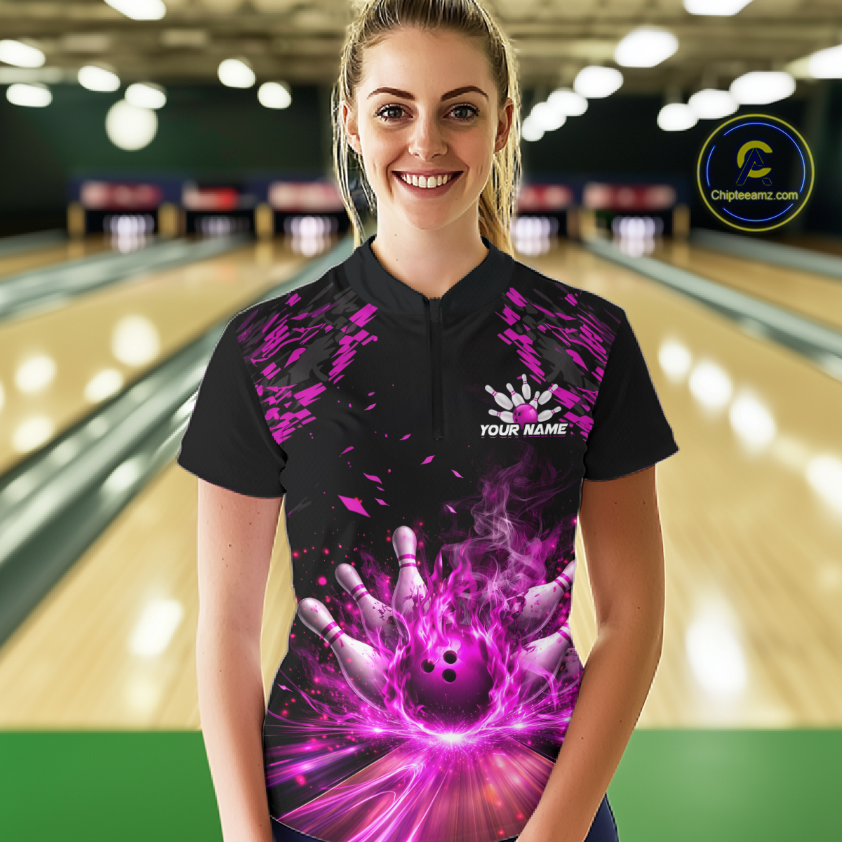 Custom Pink Flame Bowling Team Shirt for Women Polo & 1/4-Zip Bowling Jersey Bowling League Uniform QZT866