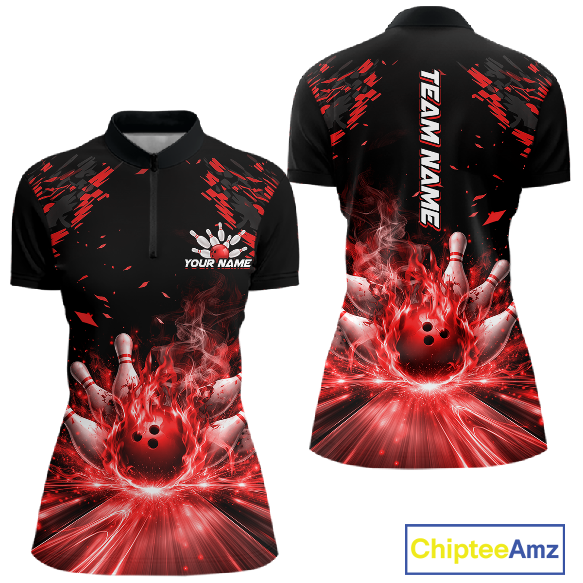 Custom Red Flame Bowling Team Shirt for Men Polo & 1/4-Zip Bowling Jersey Bowling League Uniform QZT866
