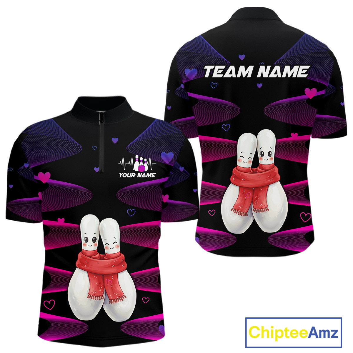 Personalized Valentine Bowling Shirt for Couples Bowling Jersey Pink Bowling Gift Polo & 1/4-Zip QZT870