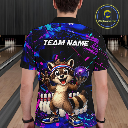 Custom Neon Funny Raccoon Bowling Team Jersey for Men Bowling Shirt Bowling Tournament Polo & 1/4-Zip QZT957