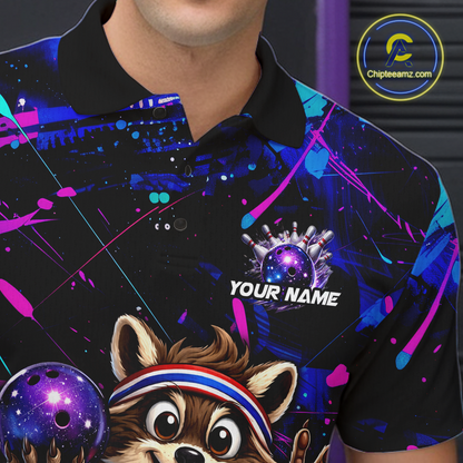 Custom Neon Funny Raccoon Bowling Team Jersey for Men Bowling Shirt Bowling Tournament Polo & 1/4-Zip QZT957
