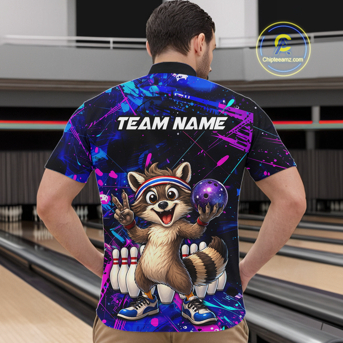 Custom Neon Funny Raccoon Bowling Team Jersey for Men Bowling Shirt Bowling Tournament Polo & 1/4-Zip QZT957
