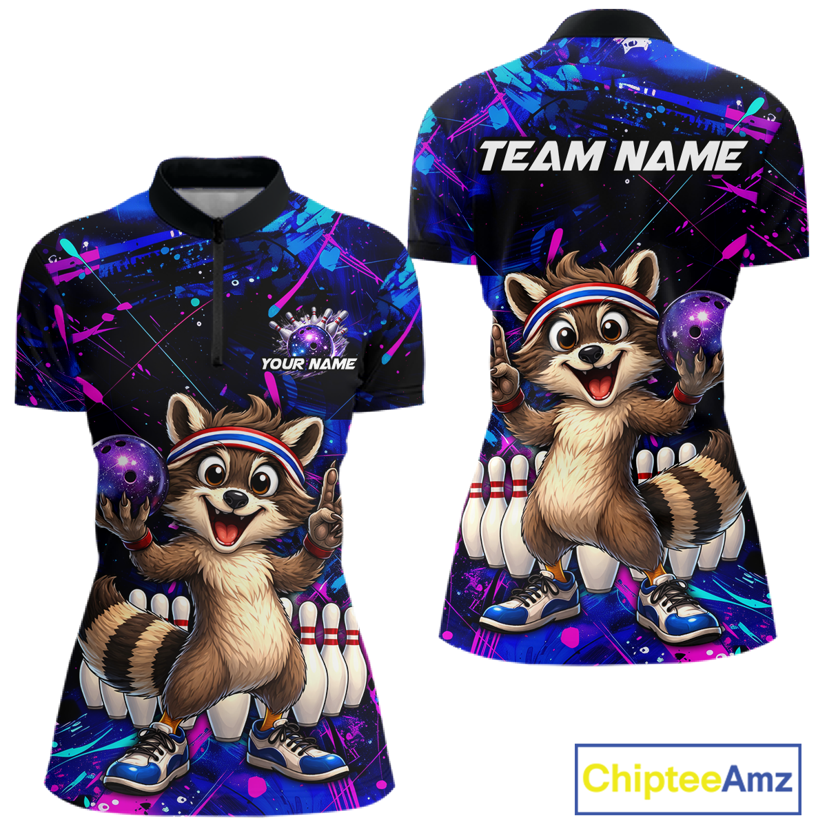 Custom Neon Funny Raccoon Bowling Team Jersey for Women Bowling Shirt Bowling Tournament Polo & 1/4-Zip QZT957