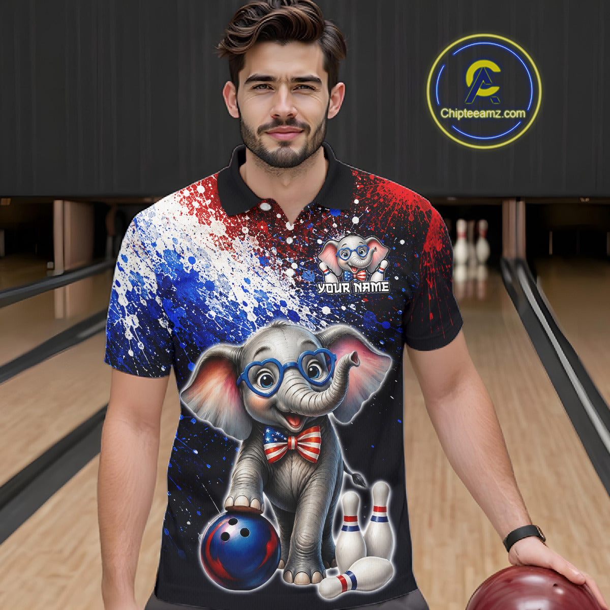 Man wearing custom American Flag elephant bowling polo shirt, front view mockup, personalized bowling league jersey.