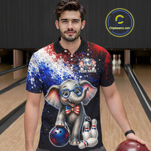 Load image into Gallery viewer, Man wearing custom American Flag elephant bowling polo shirt, front view mockup, personalized bowling league jersey.