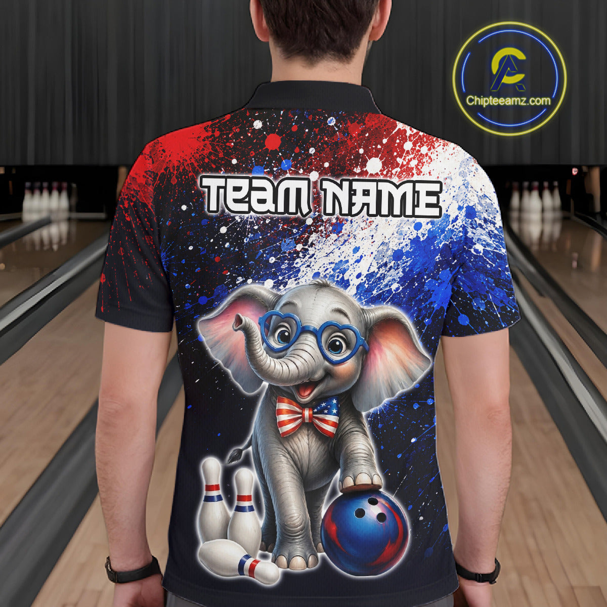 Man wearing custom American Flag elephant bowling polo shirt, back view mockup, personalized bowling league jersey.