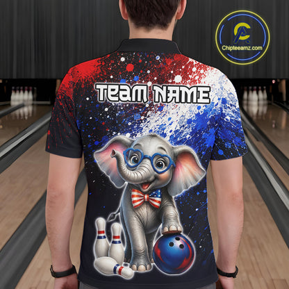 Man wearing custom American Flag elephant bowling polo shirt, back view mockup, personalized bowling league jersey.
