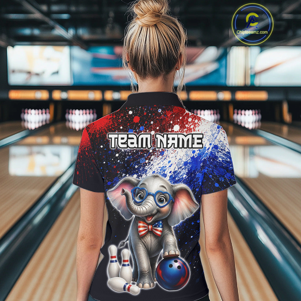 Woman wearing custom American Flag elephant bowling polo shirt, back view mockup, personalized bowling league jersey.