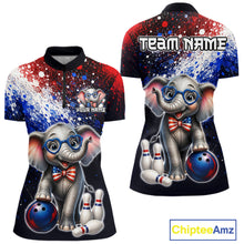 Load image into Gallery viewer, Custom American Flag elephant bowling quarter-zip shirt, front and back views, bowling league jersey for women
