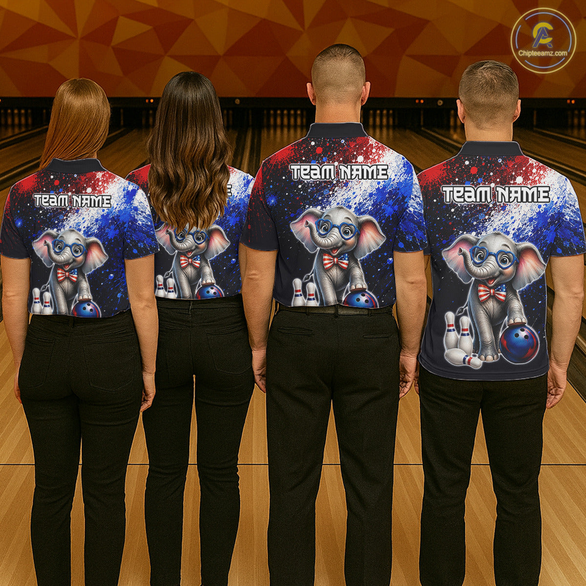 Bowling team wearing custom American Flag elephant bowling shirts, group back view mockup, personalized team jerseys.