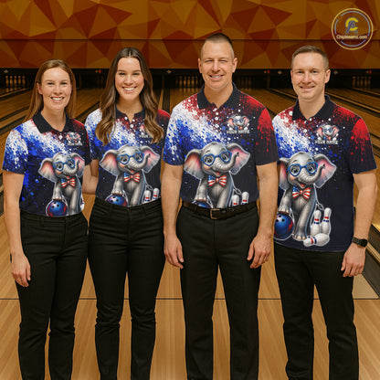 Bowling team wearing custom American Flag elephant bowling shirts, group front view mockup, personalized team jerseys.