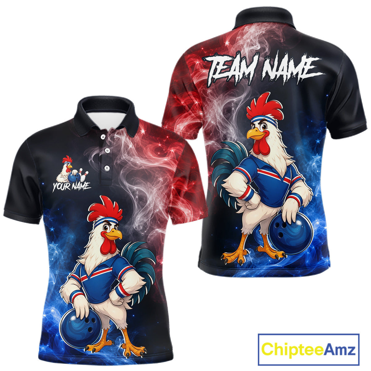Custom American Flag smoke funny rooster bowling polo shirt, front and back views, bowling league jersey for men