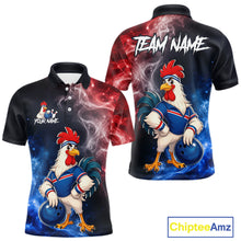 Load image into Gallery viewer, Custom American Flag smoke funny rooster bowling polo shirt, front and back views, bowling league jersey for men