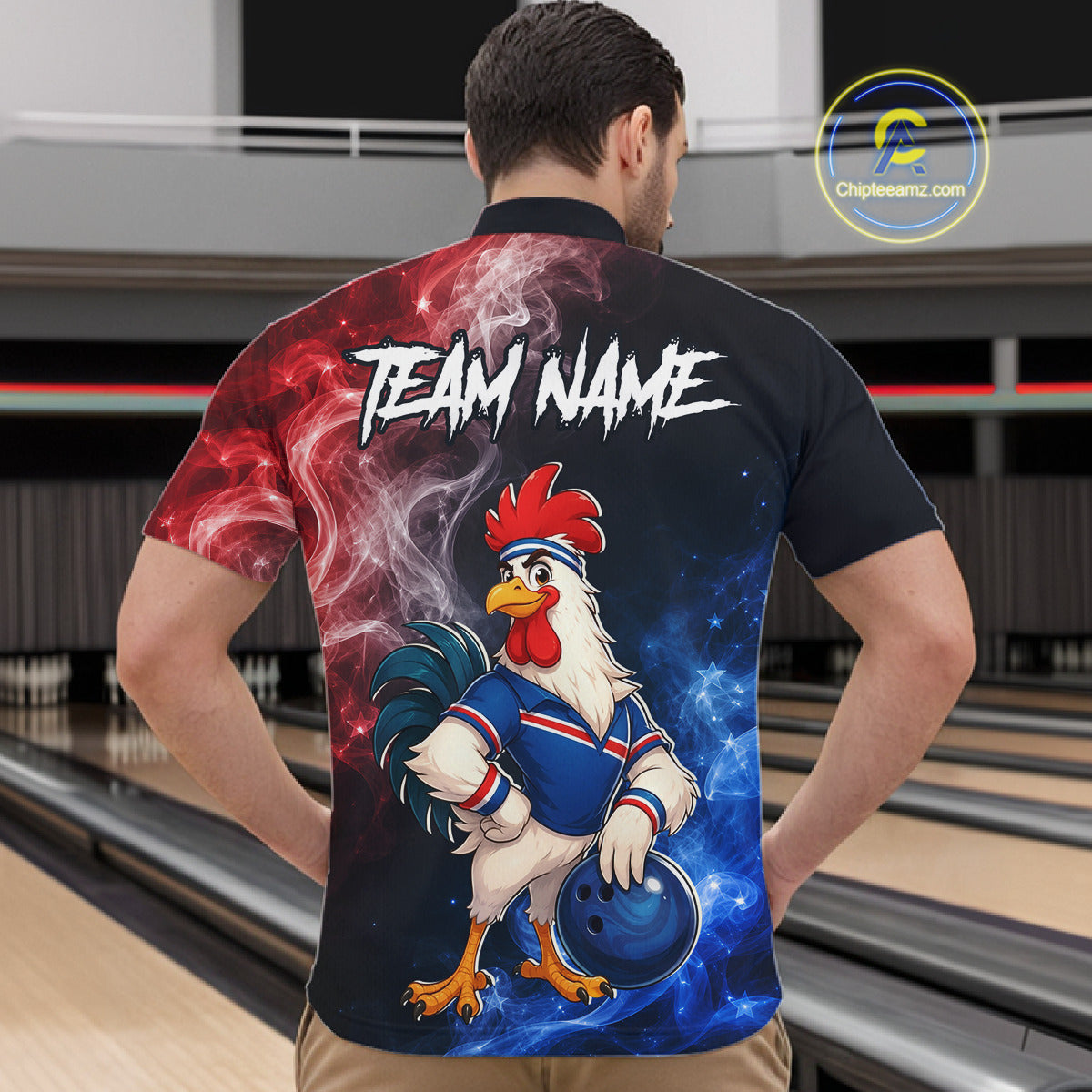 Man wearing custom American Flag smoke funny rooster bowling 1/4 zip shirt, back view mockup, personalized bowling league jersey.