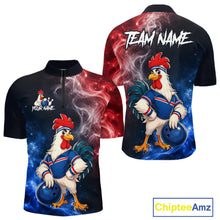 Load image into Gallery viewer, Custom American Flag smoke funny rooster bowling quarter-zip shirt, front and back views, bowling league jersey for men