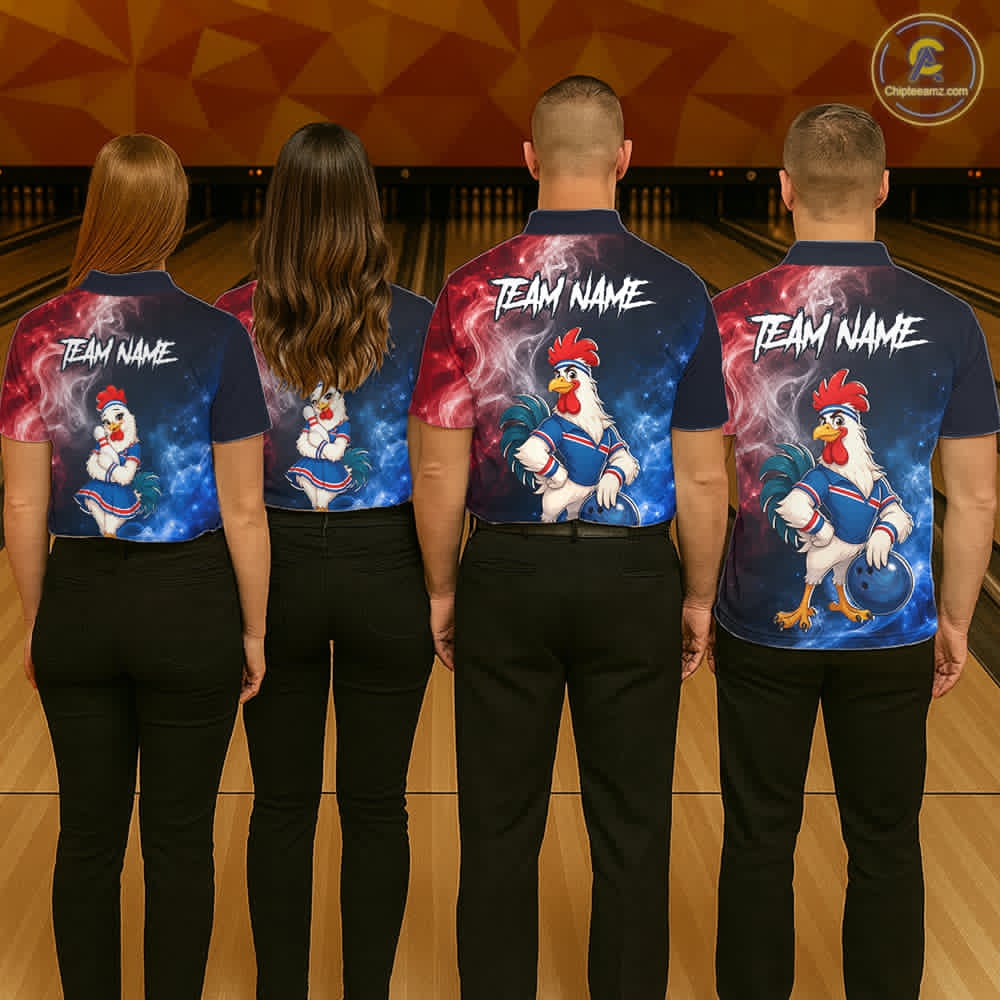 Four people wearing matching bowling shirts with a rooster and hen design on a bowling alley.