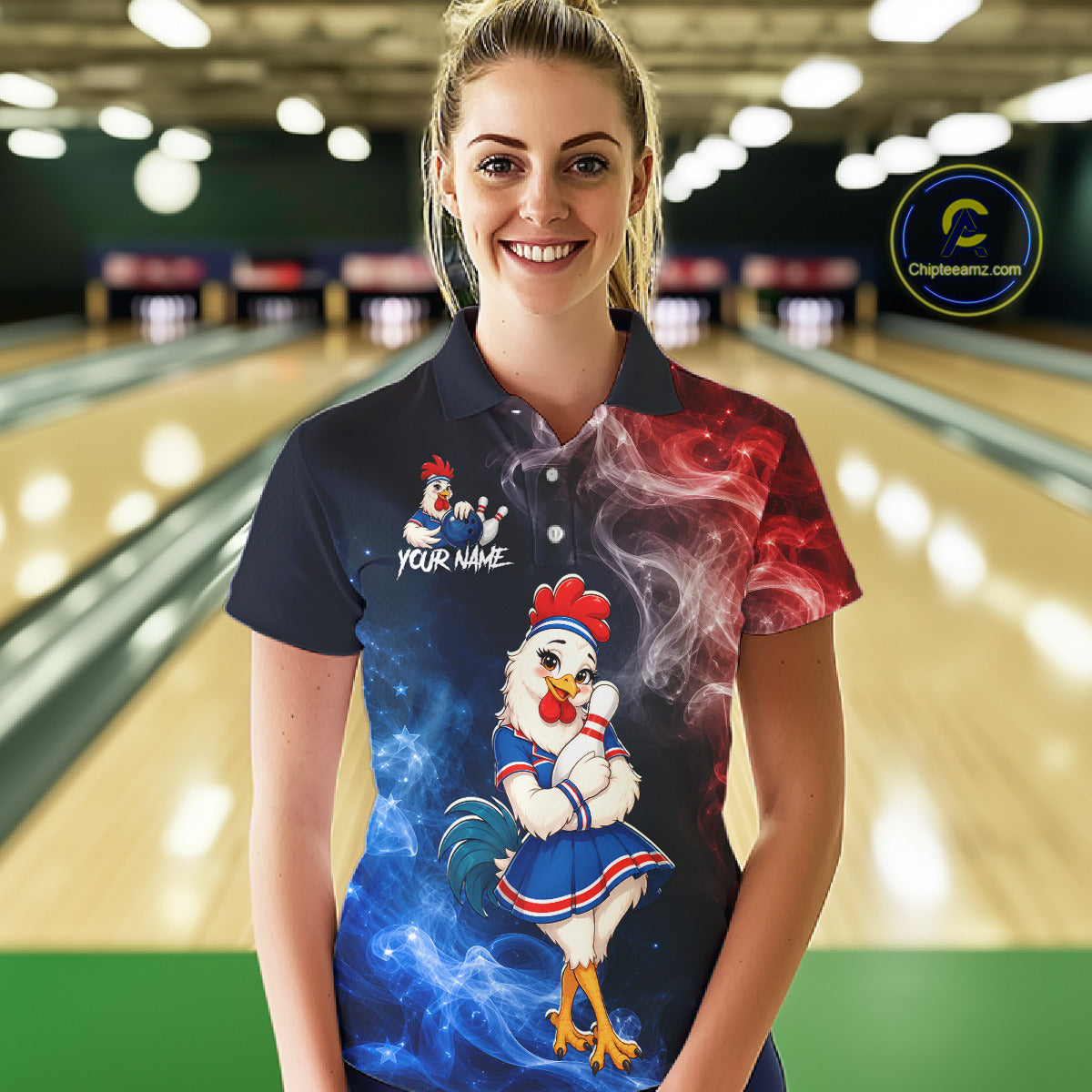 Woman wearing custom American Flag smoke funny rooster bowling polo shirt, front view mockup, personalized bowling league jersey.