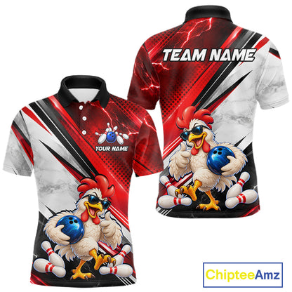 Funny Chicken Bowling Shirt for Men Custom Red White Bowling Jersey Polo & 1/4-Zip QZT1374