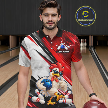 Funny Chicken Bowling Shirt for Men Custom Red White Bowling Jersey Polo & 1/4-Zip QZT1374