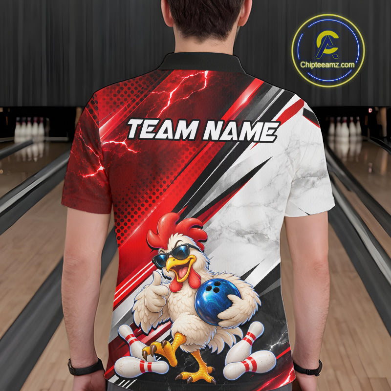 Funny Chicken Bowling Shirt for Men Custom Red White Bowling Jersey Polo & 1/4-Zip QZT1374
