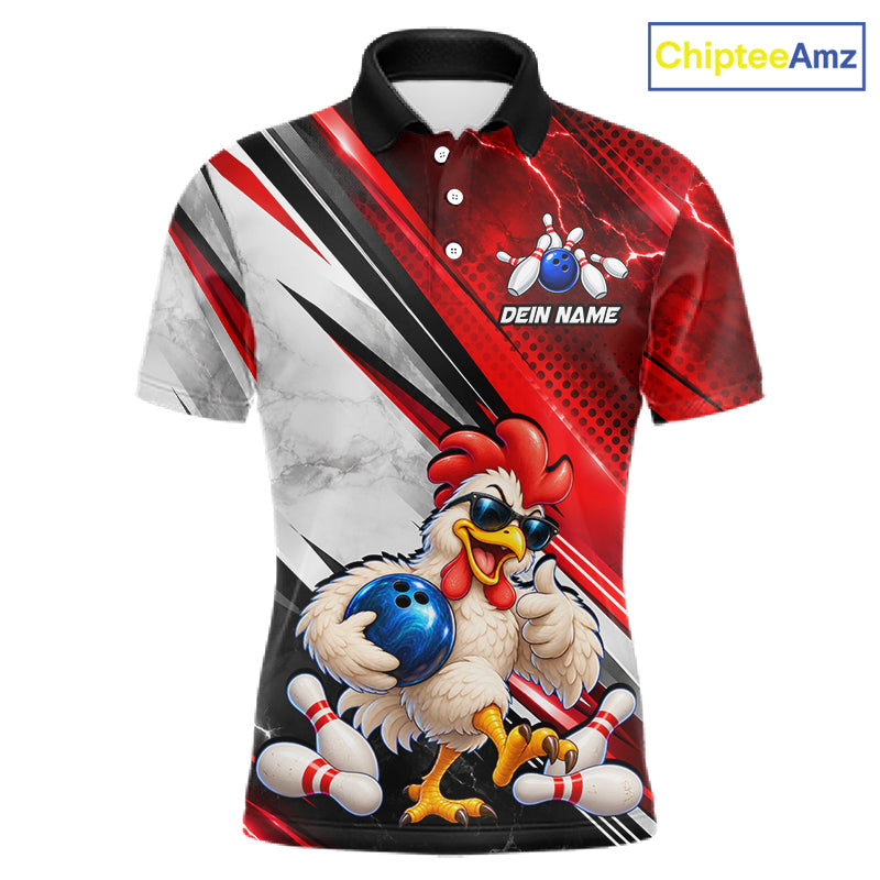 Funny Chicken Bowling Shirt for Men Custom Red White Bowling Jersey Polo & 1/4-Zip QZT1374