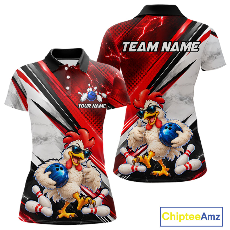 Funny Chicken Bowling Shirt for Women Custom Red White Bowling Jersey Polo & 1/4-Zip QZT1374