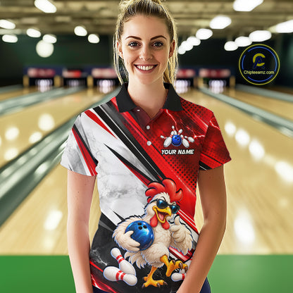 Funny Chicken Bowling Shirt for Women Custom Red White Bowling Jersey Polo & 1/4-Zip QZT1374